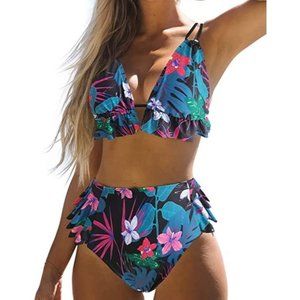 Binlowis High Waist Flounce Bikini Set Women Front Knot Side Bandage Two Piece S